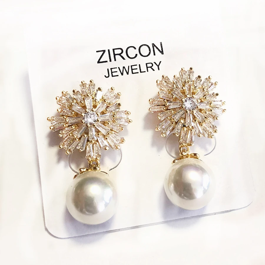 925 Sterling Silver Earrings Women Pearl Ear Stud Zircon Dangle Earrings