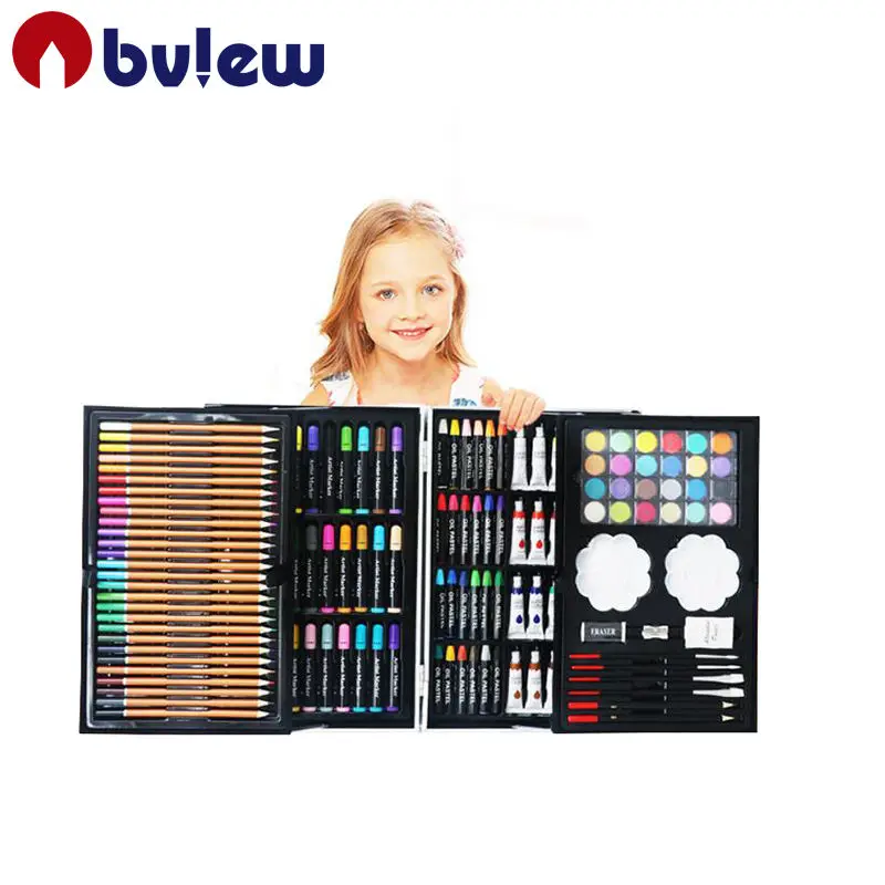 Bview Art 145-Pieces 2 Layers Oil Pastel Marker Watercolor Paint Colored Pencil Deluxe Children Art Set With Aluminum Box
