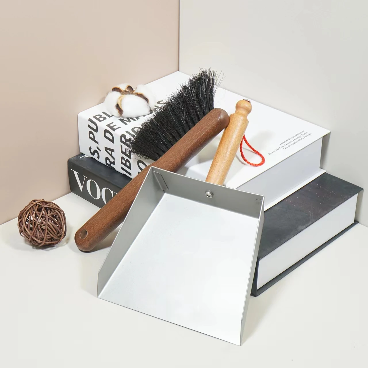 Handheld Comfort Grip metal Dustpan and Wooden Brush Set - Hand Broom with Swiss Natural Horsehair Bristles Compact Design
