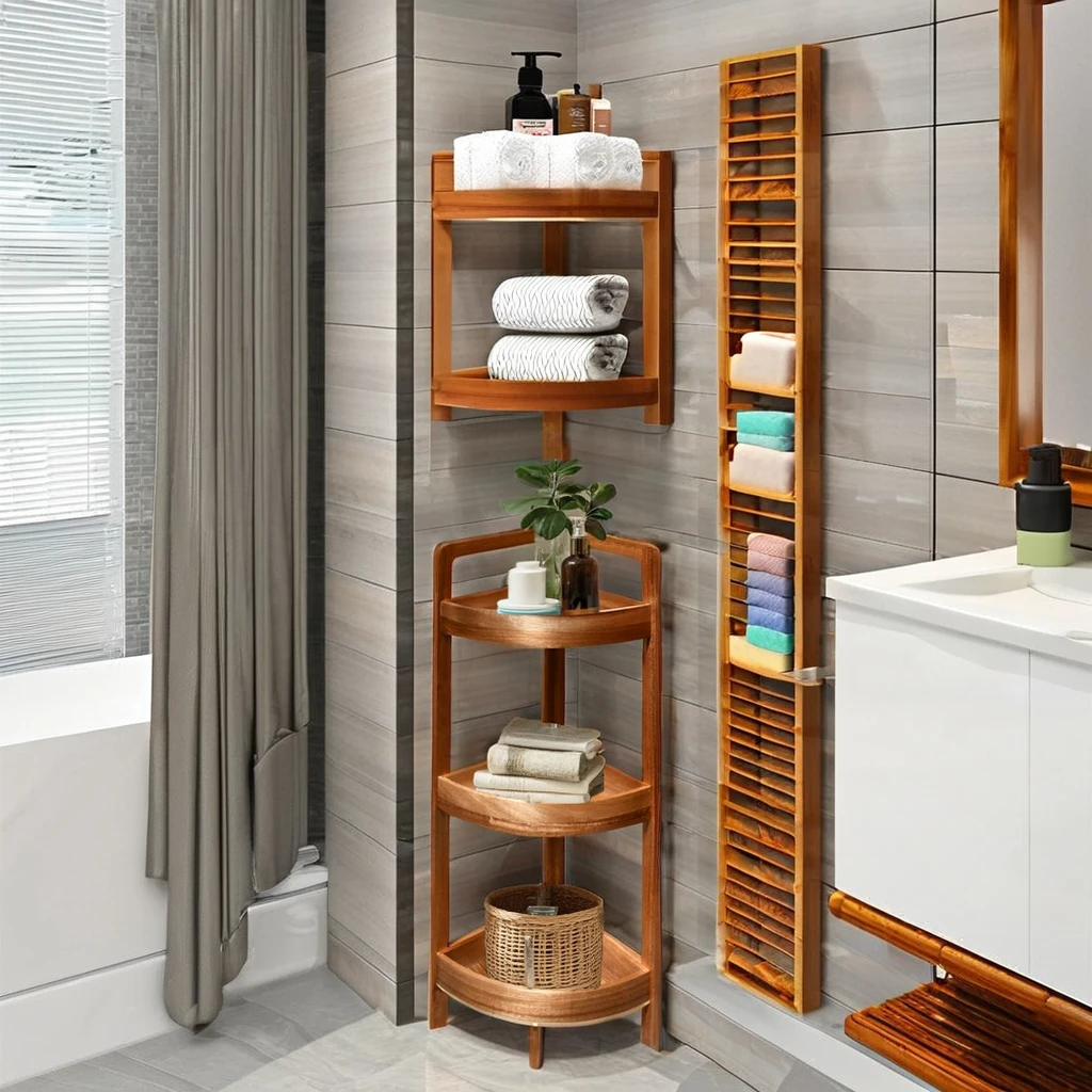 Multipurpose Small Space 3 Tier Wooden Corner Rack for Bathroom Display Stand Shower Shelf for Living Room & Kitchen Furniture