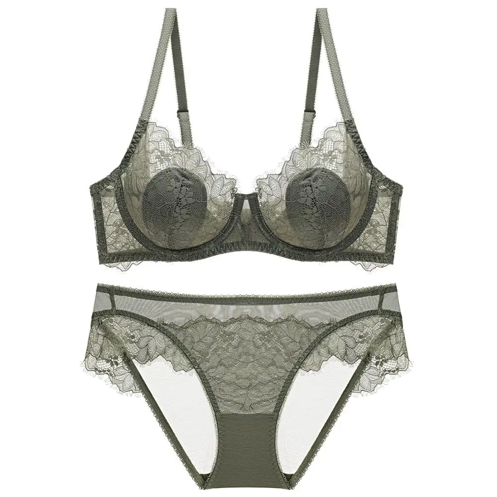 
Fashion Gray bra big size Bras Lingerie Set Plus Size C D Cup Sexy Bra Sets Thin Cotton Underwear Set Women Lace Brassiere 