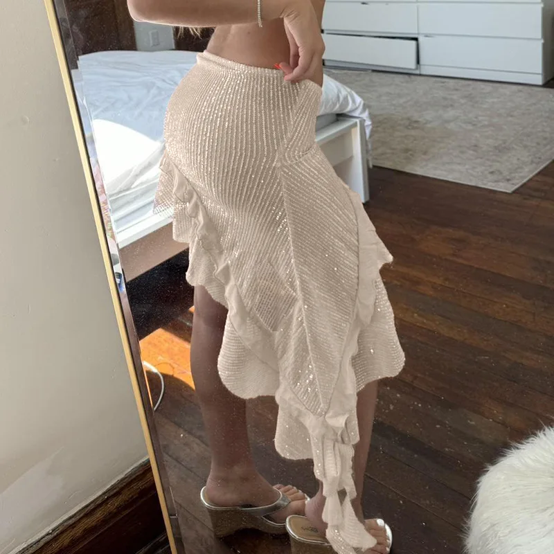 2024 New fashion sequin mesh with ruffle edge and irregular half skirt