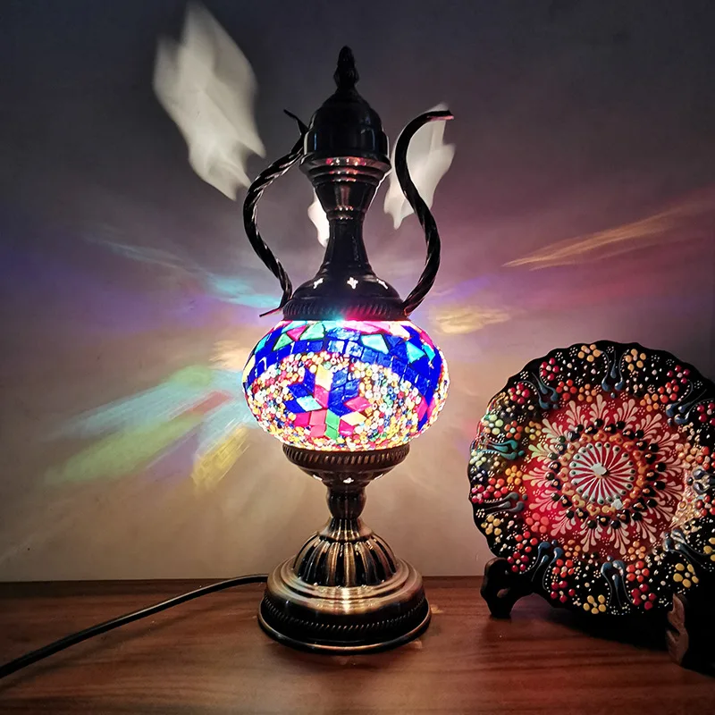 
Exotic Customs Vintage Glass Lamp Decorative Table Pot Light Coffee The Deco Bed Night Mosaic Turkish Lamps 