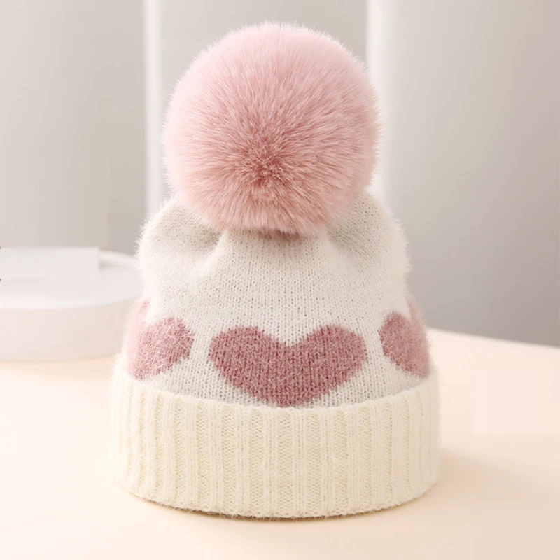 Autumn Winter Fur Pompom Baby Hat Heart Printed Knitting Infant Beanie Cap Toddler Warm Girls Boys Hats