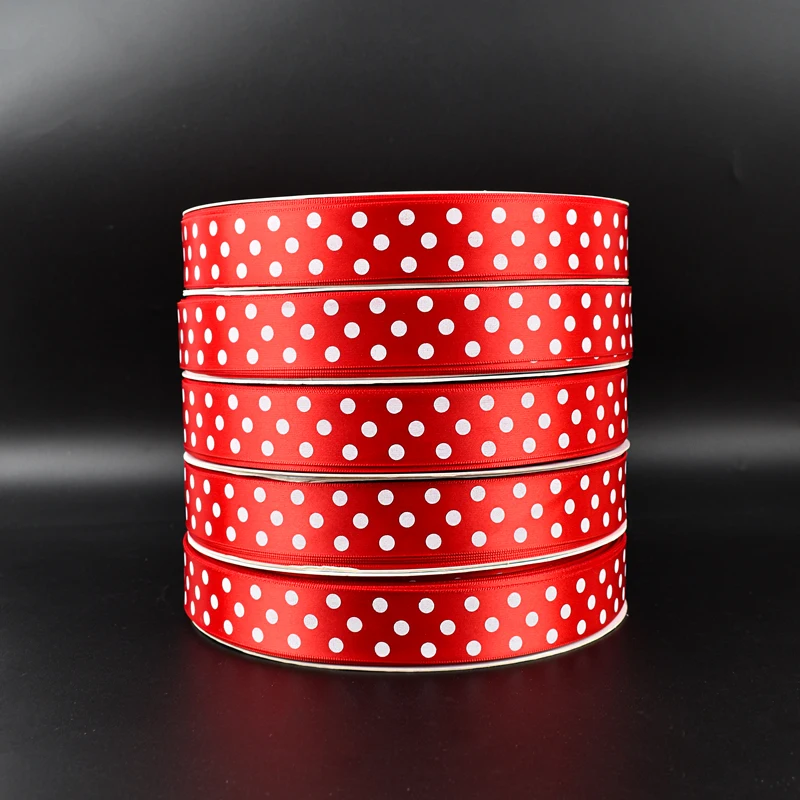Customised Ribbon Roll White Polka Dot 25mm Satin ribbon With Logo Dot Printing ribbons