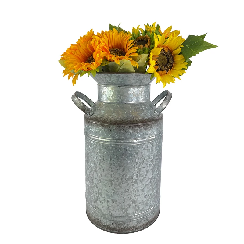 Rustic Metal Flower Vase Shabby Chic Galvanized  Vintage Farmhouse Jug Vase with Handle for Home Decoration