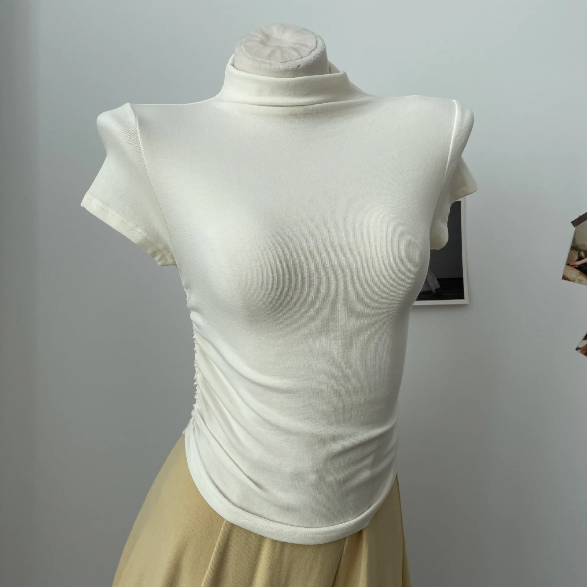 2025 New Design Summer Solid Color Tops Short Sleeve High Collar Blouse Gathers Crop Top cotton custom logo t-shirts for women