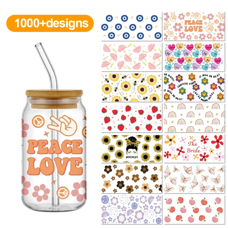 Custom Waterproof Design Decals Vinyl Eco Solvent Transfer Stickers 16oz UV DTF Sticker Cup Wraps Transfers For Glass Cup