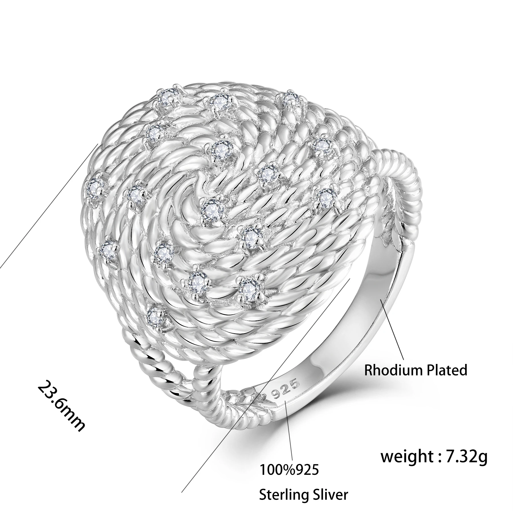 High End 925 Sterling Silver Jewelry Italian Design AAA Zirconia Twist Knot Chunky Heavy Ring