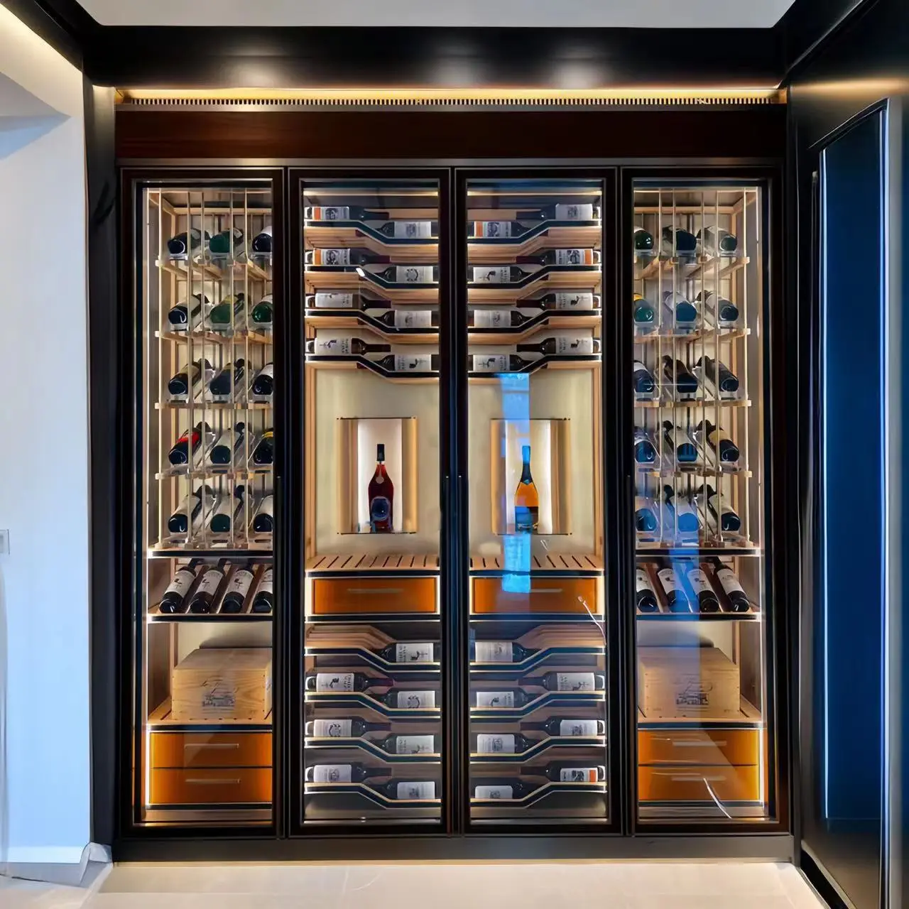 Luxury Wine Cellar Cooler Built-In Gold Wine Refrigerators Cooler for Hotel /Bar with Constant Temperature and Humidity System