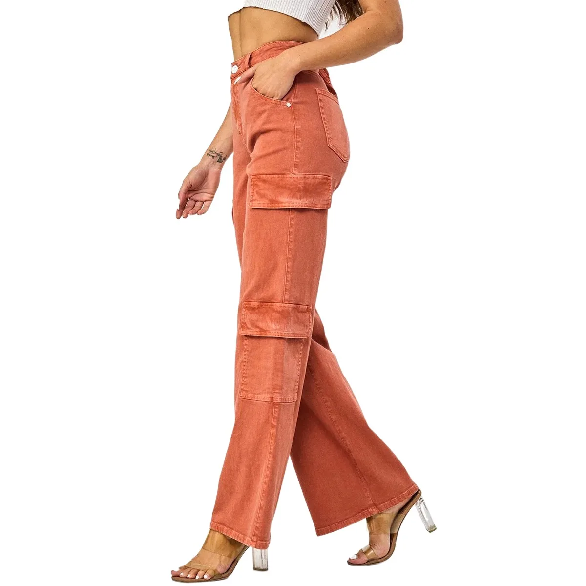 Hot Selling Female Brown High Waisted Wide Leg Jeans for Women Customized Pocket Cargo Pants