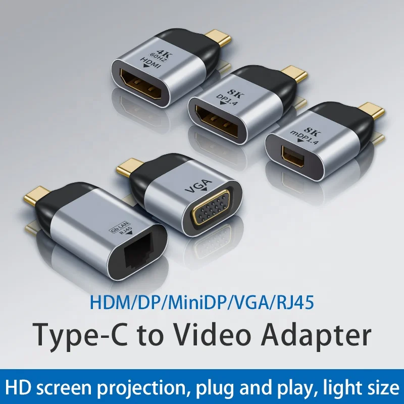 TYEP-C to HDM/DP/miniDP/VGA/RJ45 Adapters DP 1.4 8K@60HZ HD video transmission RJ45 Gigabit network port converter