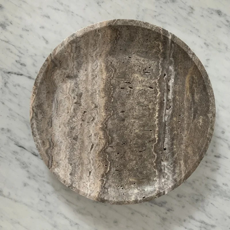 Silver grey travertine tray dia30x3cm thin edge travertine round tray