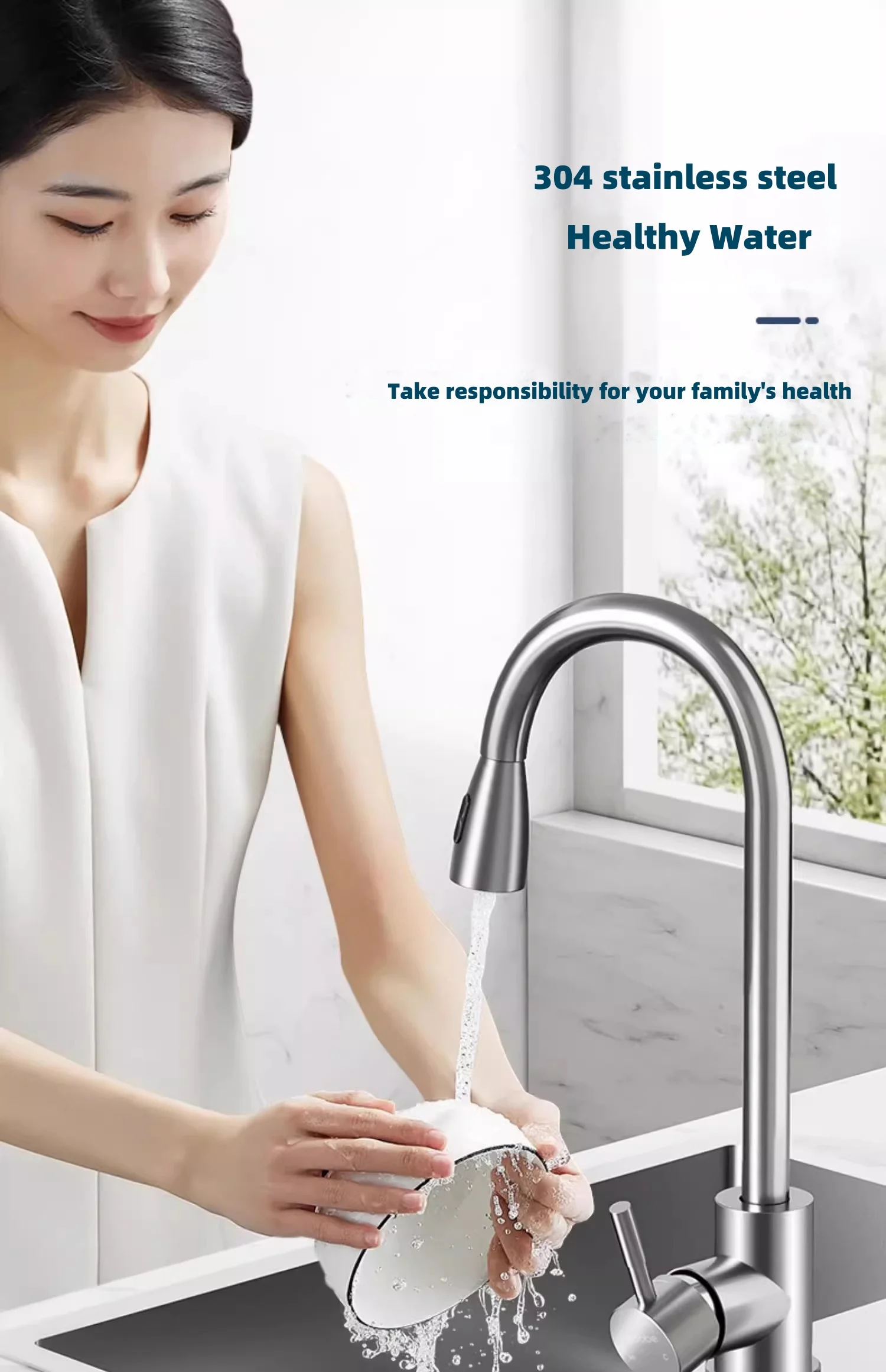 304 Stainless Steel Kitchen Taps Faucet Pull-Out Retractable Sink Faucet