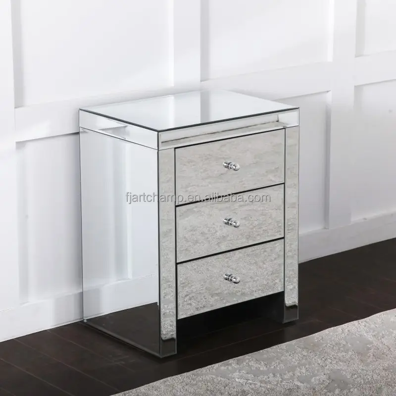 bedroom furniture silver mirror KD modern wooden mirrored nightstand