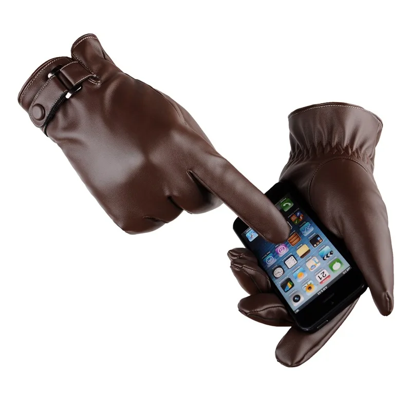 HF Men Autumn/winter Leather PU Touch Screen Warm Cycling Outdoor Sports Padded Cotton Mitten Gloves