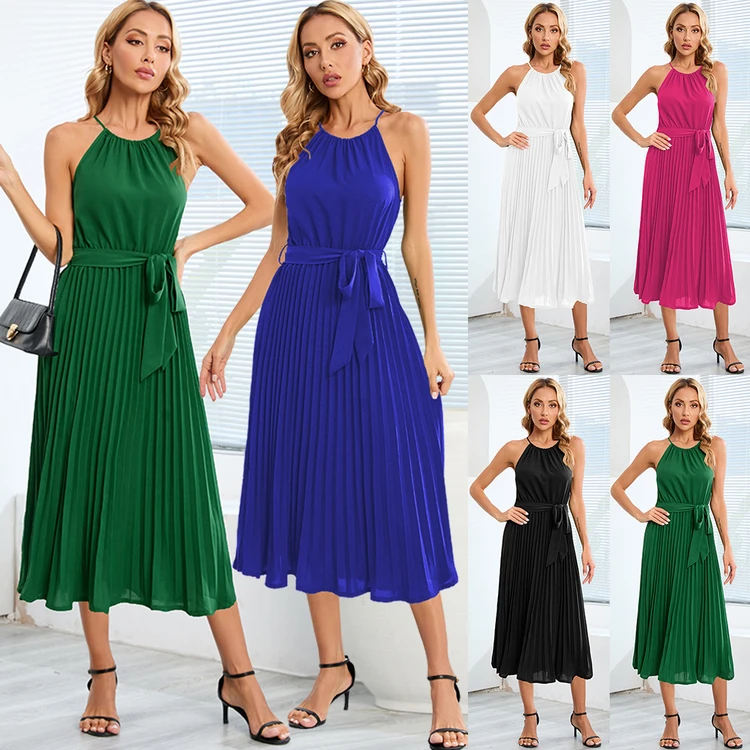 2023 Summer Woman Sexy Halter Long Luxury Dress Fashion Sexy Slim Shoulder Strap Sleeveless Pleated Crepe Dress With Belt