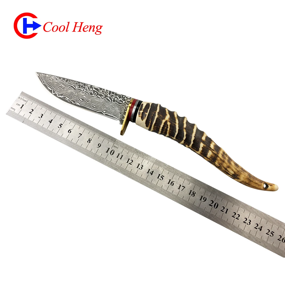 
Damascus pattern Antlers handle outdoors knife Retro Camping hunting knife With PU knife cover 