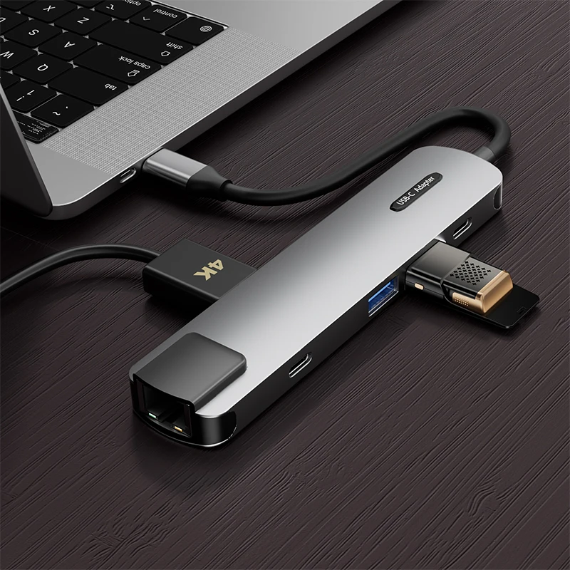 Aluminium Alloy 6 Ports  Type-C To Usb Hub With Pd 100W Hdtv 4K Multi Functional Usb C Hub Device Ethernet Hub Usb-C