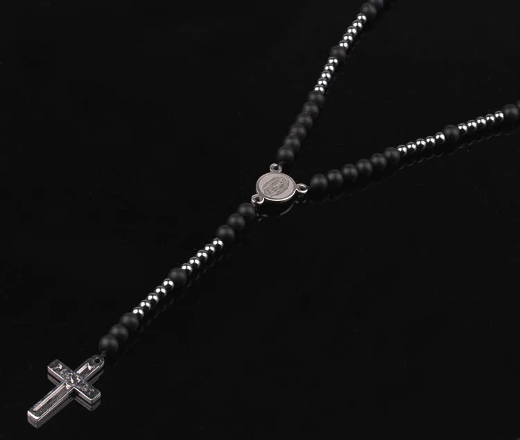 Stainless Steel Cross And Matte Onxy Hematite Beaded Handmade Rosary Men Necklace