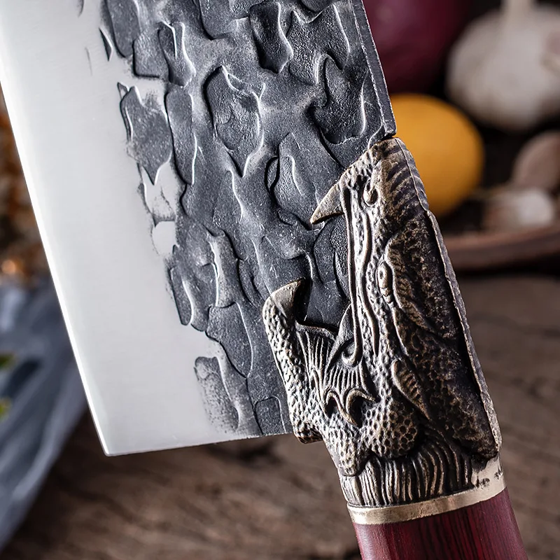 Butcher Knife Bone Chopping Slaughter 7 Inch Carbon Steel Meat Cleaver Knives Hand Forge Wooden Dragon Riot Handle