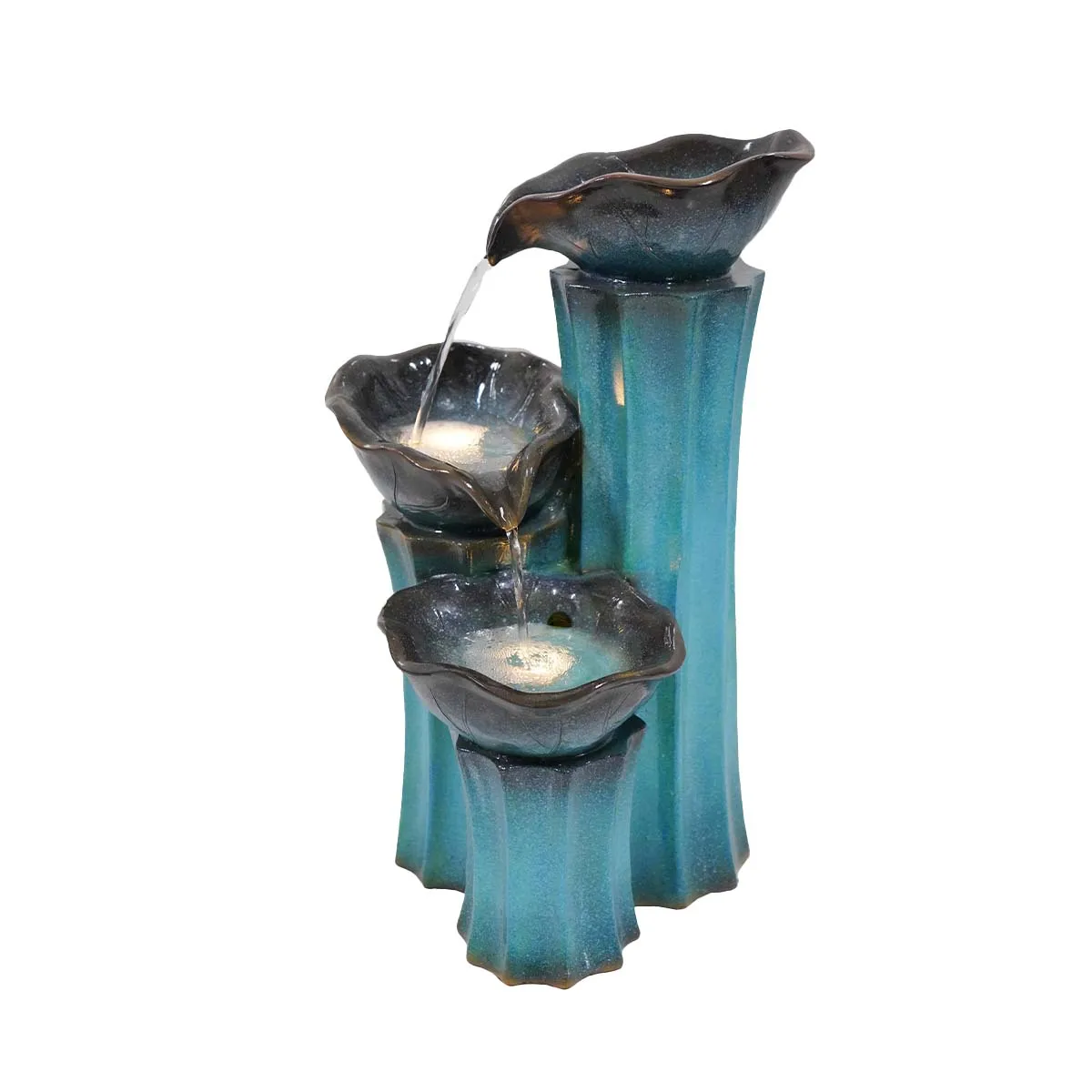 3-Tier Pedestal Outdoor Water Fountain with LED Lights and Pump Resin and Stone Garden Waterfall for Yard