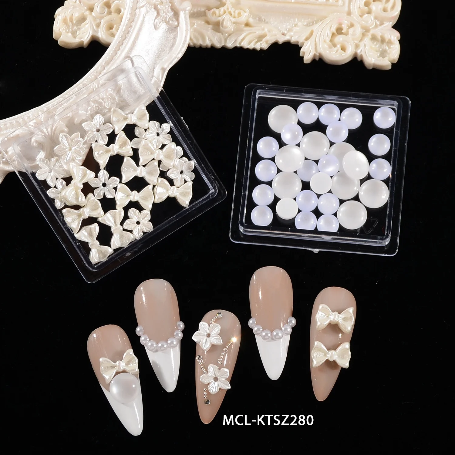 Mixed DIY Set Pearl Alike White Nail Art with Bow Tie & Flower & Cat Eye Transparent Moon Rhinestone Kawaii Resin Nail Charms