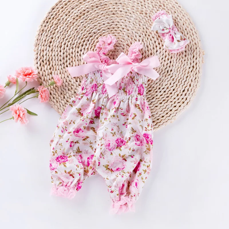 Wholesale Girls Headband Floral Printing Baby Clothes Straps Jumpsuit Long Climbing Clothes Newborn Baby Rompers
