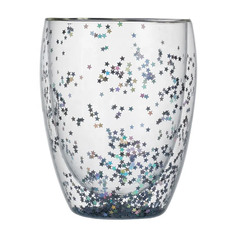 Snow Globe Glass Mug Reusable Double walled Coffee Tea Mug Glass Drinkware Cup Coffee Bar Beverage Glasses Rainbow Sequins