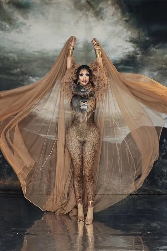 Luxury lion Cloak Fringed Sexy Costume Halloween Cosplay Evening Wear for Women Club Party