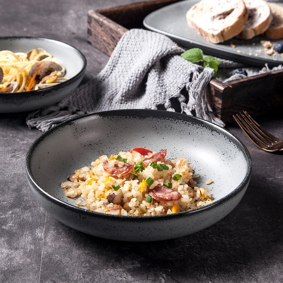 ShengJing Japanese Korean Rustic Light Grey Speckled Porcelain Household Restaurant Pasta Salad Dinnerware Deep Plate