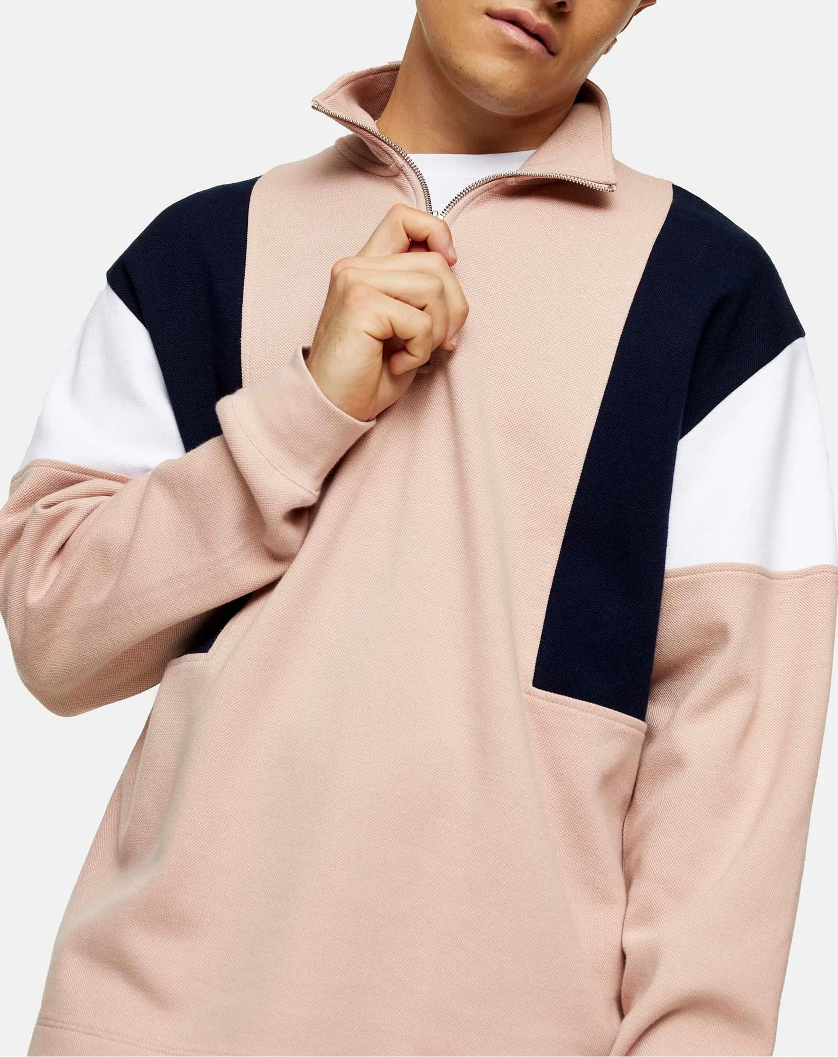 MGOO Heavyweight French Terry Pink Color Men Oversized Pullover Custom Colorblock Quarter Zip Sweatshirt