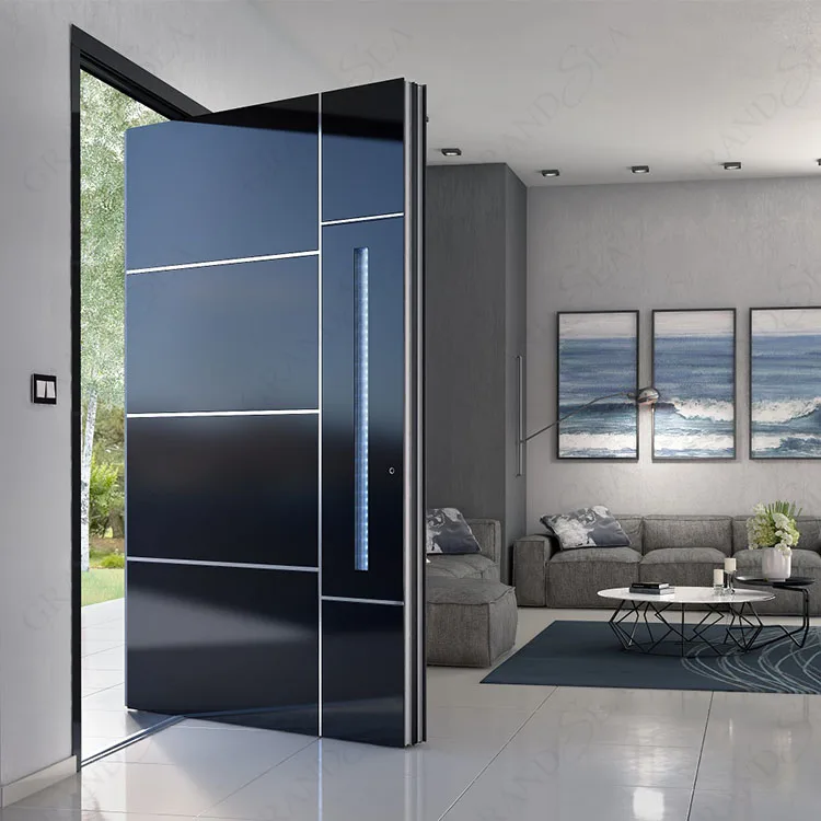 Factory Customize Villa Luxury Outdoor Entry Door Entrance Stainless Steel Modern Exterior Pivot Front Doors With Led Light