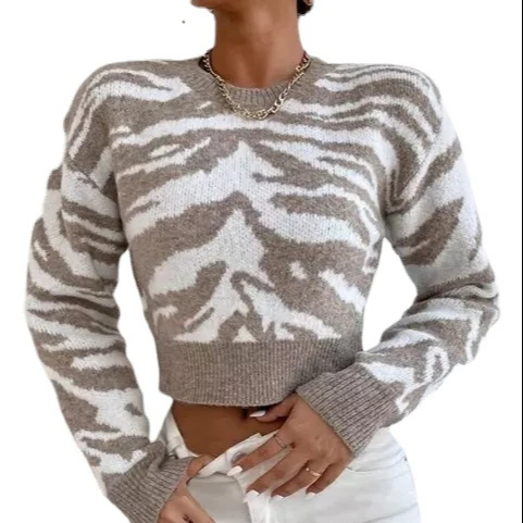 Winter Women Sweaters Crew Neck Sweater Leopard Color Block Graphic Crop Top Jacquard Knit Woolen Sweaters Ladies