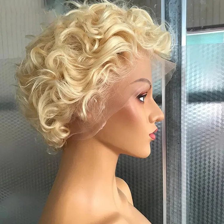Cuticles Aligned Short Pixie Cut Wig Human Hair Curly Bob Wig Blonde Pixie Lace Front Wigs For Black Women
