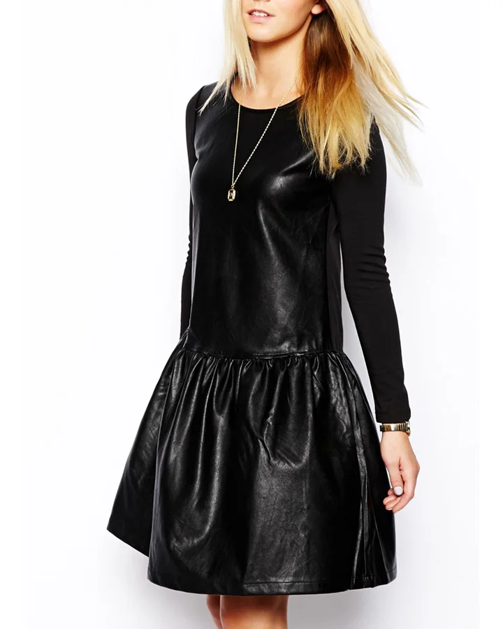 
PU leather drop waist wet look womens clothing oem low moq mock neck women dresses 