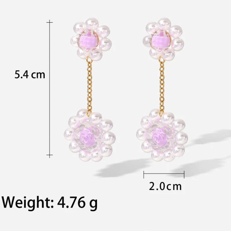 Vintage Design Handmade Flower Pearl Dangle Earring Stainless Steel Knit  Purple Crystal Flower Earring