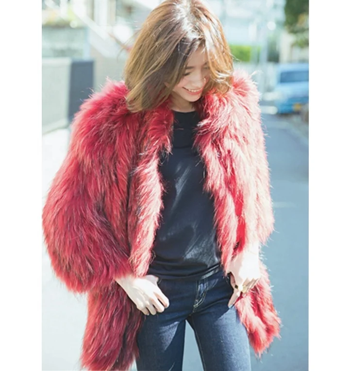 YR134 Top Quality Raccoon Fur Hand Knitted Women Fur Coat red fur coat