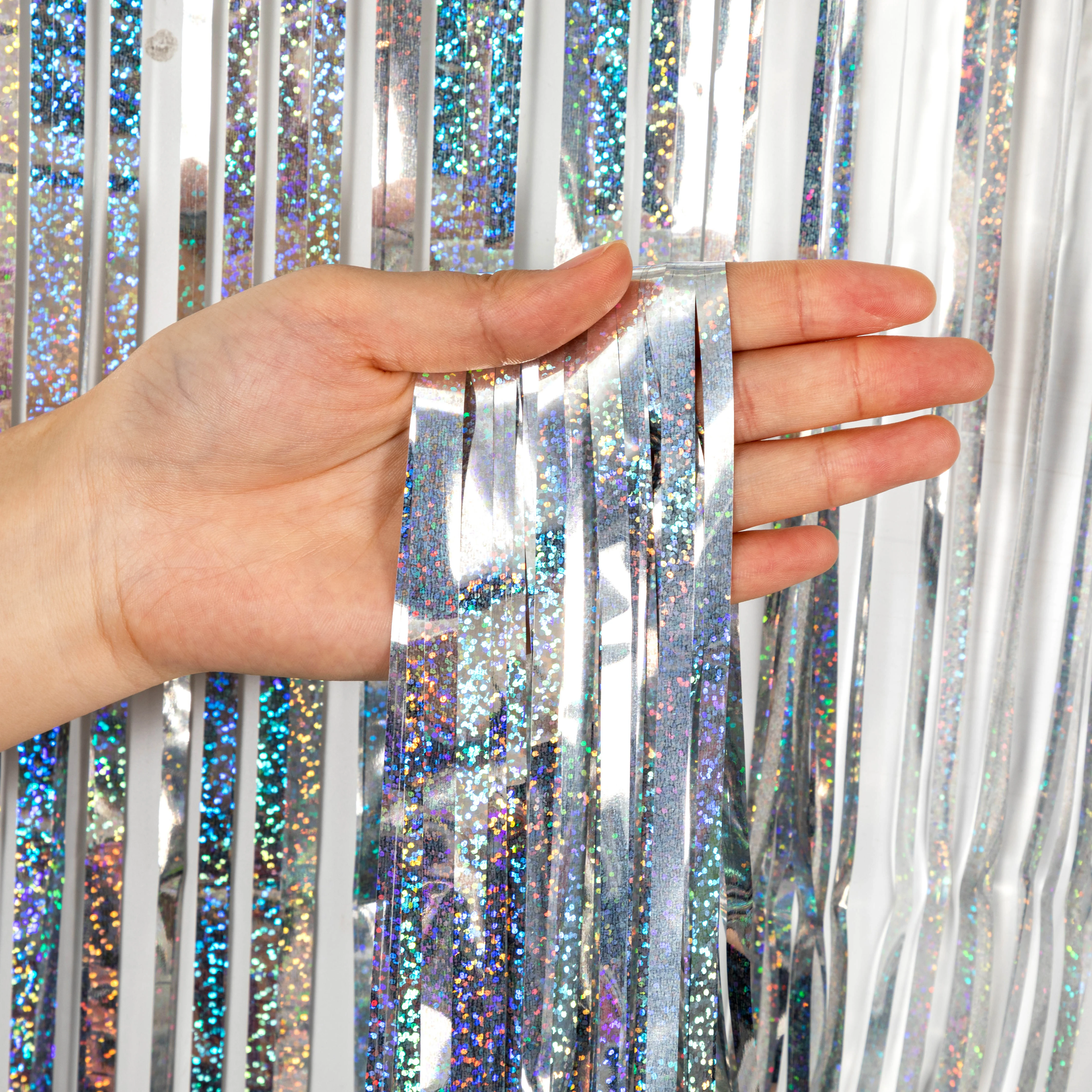 high quality laser foil fringe curtain silver party curtain photo backdrop for back to school easter decoration