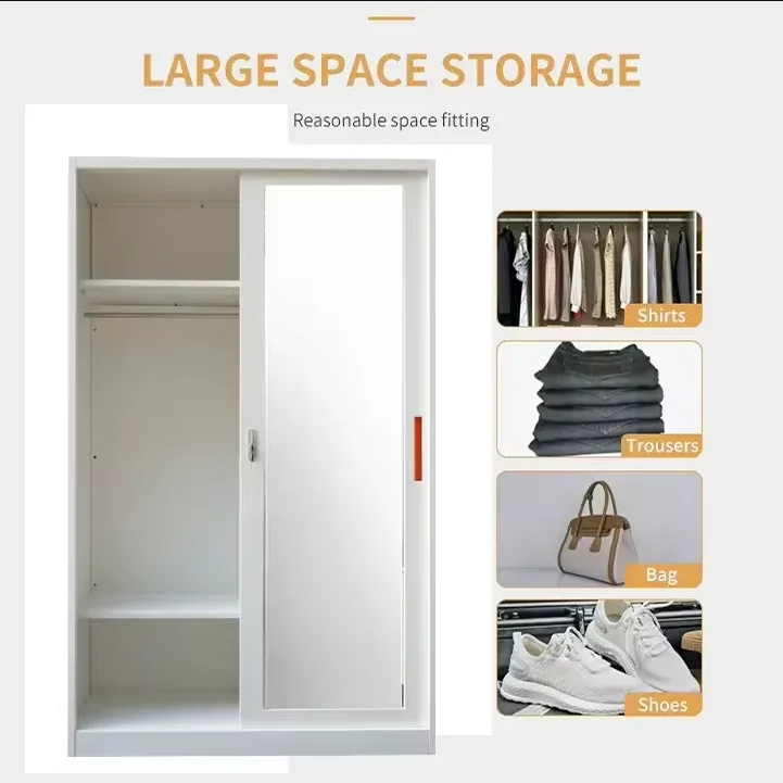 Steel Bedroom Wardrobe Iron Almirah 2 Door Cloth Metal Sliding Door Wardrobe Closet With Mirror