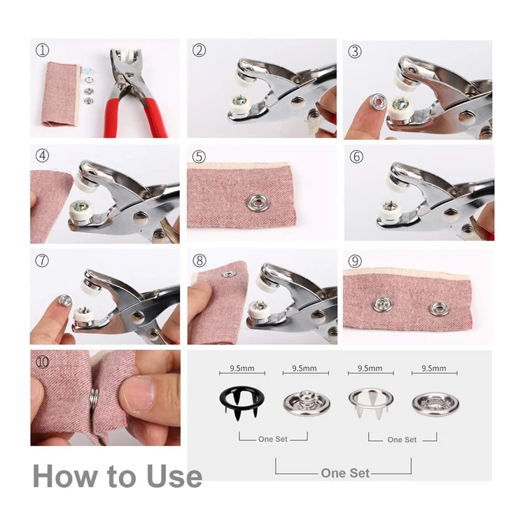 Hot selling 10 Colors 9.5mm Snap Fasteners Tool Kit Hollow and Solid Metal Prong Snaps Buttons Tools For Clothing
