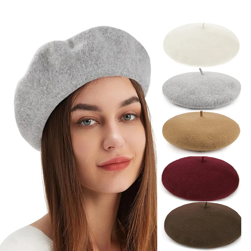 Wholesale Women Premium Wool Beret Hat  Winter Keep Warm Caps Classic Hat Solid Color Beret Beanies