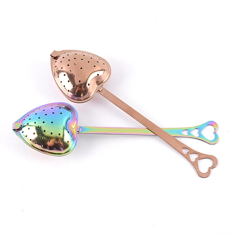 Hot Selling 304 Stainless Steel Long Grip Spoon Loose Tea Leaf Filter Gold Heart Shaped Mesh Tea Infuser Tea Strainer