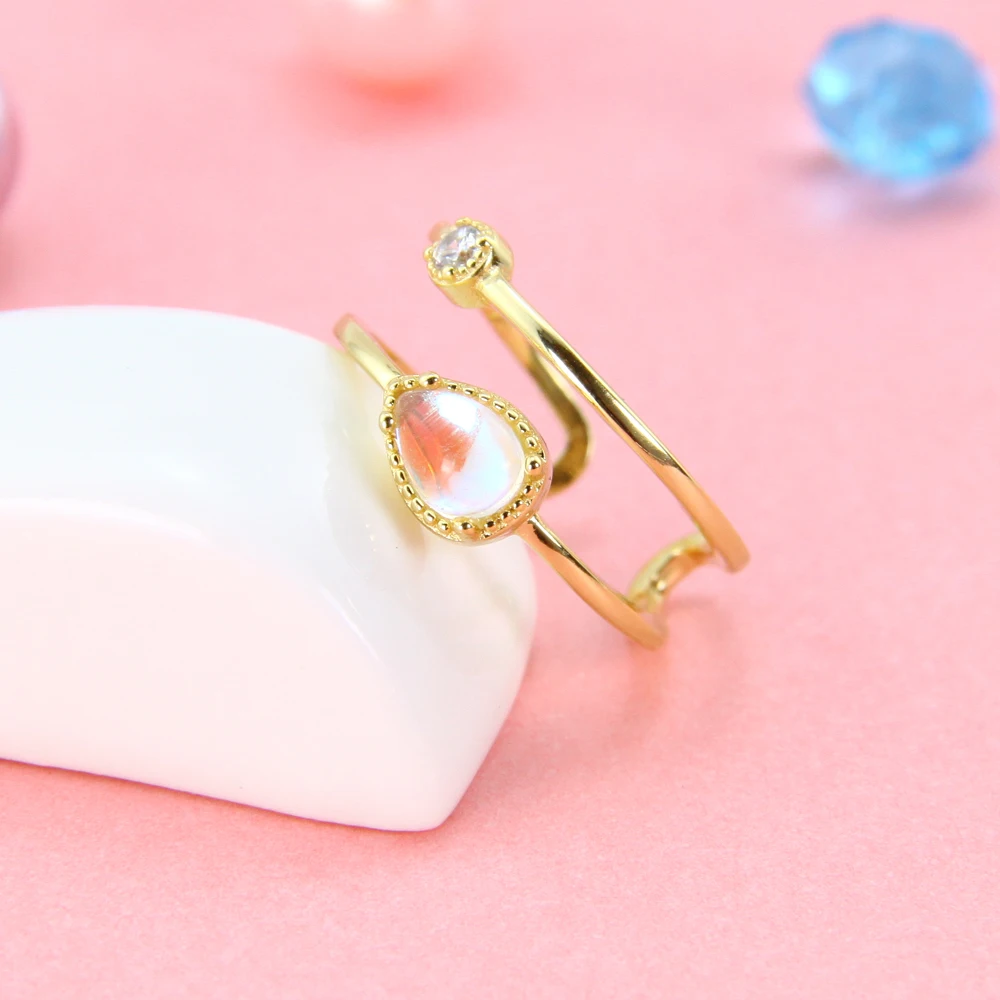 Delicate 14k Solid Gold Plated Jewelry Anillos De Moda 925 Sterling Silver Jewelry Moonstone Ring