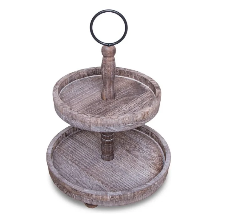 Wooden Tiered Stand Farmhouse Rustic Black Wood Two-Tier Tray with Metal Round Decorative Handle