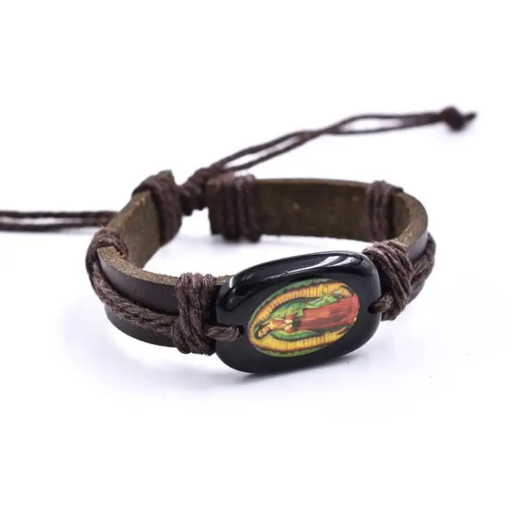 Wholesale Religious Holy Mother Maria Love Jesus Christ Cross Charm Christian Gift Jesus Bang Leather Bracelet