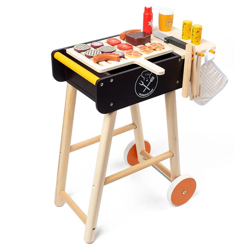 New Cooking Food Pretend Barbecue Trolley Toy Kids BBQ Cart Tool Wooden Role Play Toys Wooden Kitchen Set Game Gift for Children