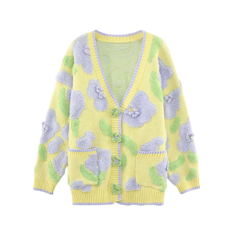 Factory wholesale contrast color crochet flower long knit cardigan autumn winter casual lazy loose knit cardigan coat