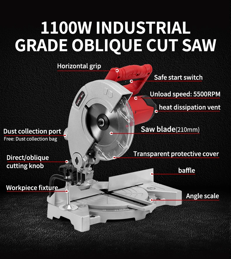 KAFUWELL PA5448 Electric Miter Saw Portable Lightweight Laser Positioning Cutting Band Saw Wood Cutting Mitre Saw