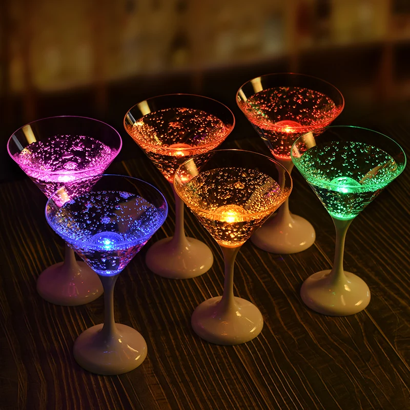 Custom Logo Promotional Plastic Longstem Wine Drinking Glasses Led Flickering Fun Fruit Juice Beer Goblet Acrylic Cocktail Cups